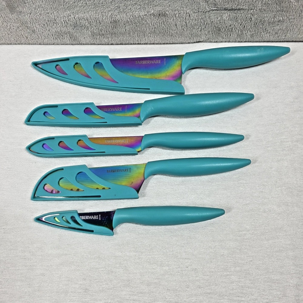 Farberware Kitchen Knives Rainbow Color With Guards Lot of 5 Knives